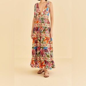 Farm Rio Off-White Tropical Yard Sleeveless Midi Dress